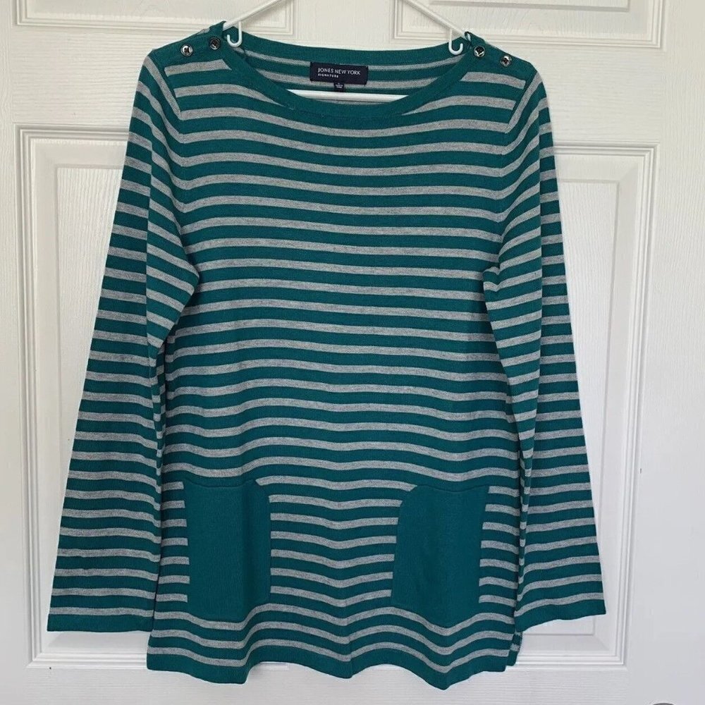 Jones New York Women’s Large Sweater Green And Gray Striped Long Sleeve
